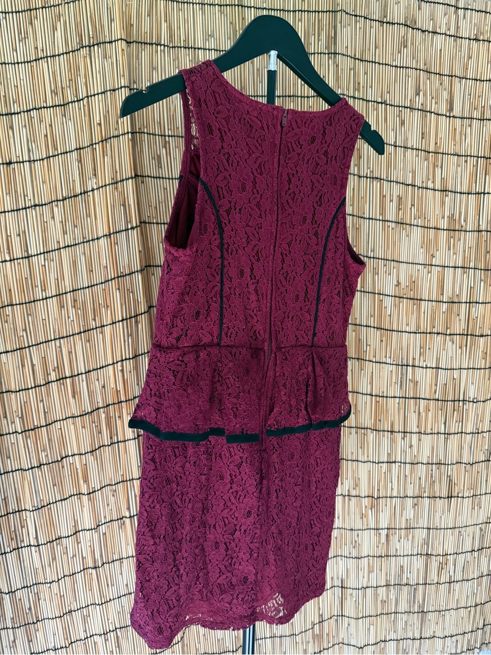 Xhilaration Burgundy Lace Peplum Midi Dress with Black Trim